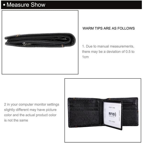 Men's Genuine Leather Bilfold Wallet RFID Blocking Card Holder - Black