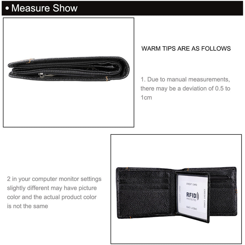 Men's Genuine Leather Bilfold Wallet RFID Blocking Card Holder - Black