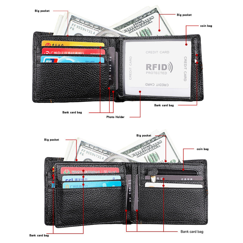 Men's Genuine Leather Bilfold Wallet RFID Blocking Card Holder - Black