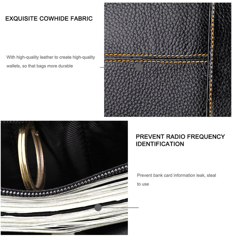 Men's Genuine Leather Bilfold Wallet RFID Blocking Card Holder - Black