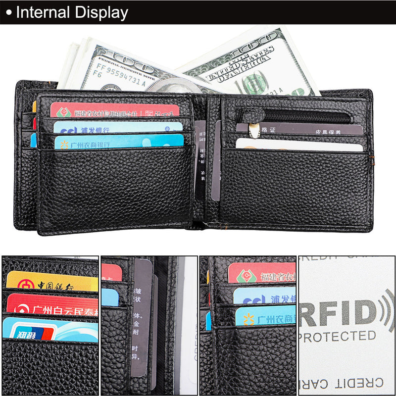 Men's Genuine Leather Bilfold Wallet RFID Blocking Card Holder - Black