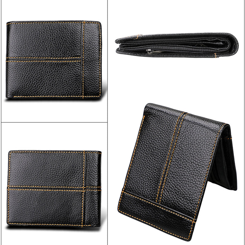 Men's Genuine Leather Bilfold Wallet RFID Blocking Card Holder - Black
