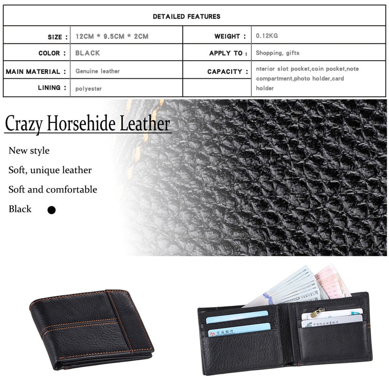Men's Genuine Leather Bilfold Wallet RFID Blocking Card Holder - Black