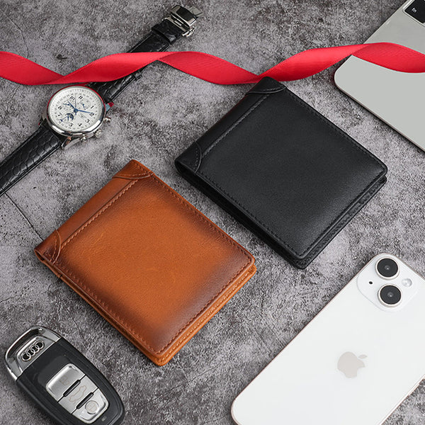 100% Genuine Leather Men's Wallet RFID Blocking Card Holder Bifold - Brown