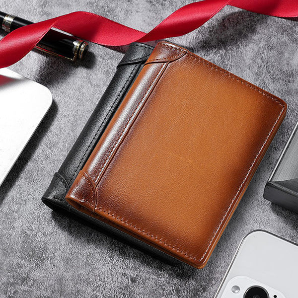 Genuine Leather Men's Wallet RFID Blocking Card Holder Bifold - Brown