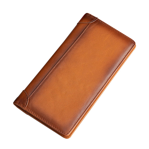 Genuine Leather Men's Wallet RFID Blocking Card Holder Bifold Long - Brown