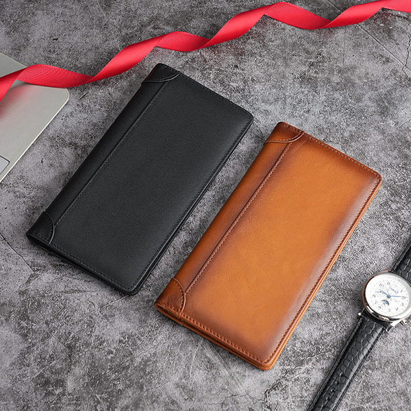 Genuine Leather Men's Wallet RFID Blocking Card Holder Bifold Long - Brown