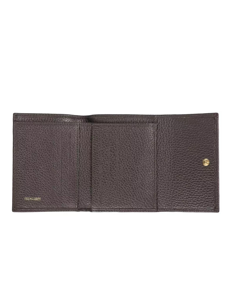 Embossed Leather Womens Wallet with Press Button Closure - Brown