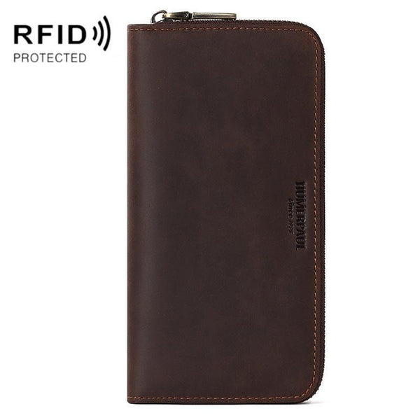 Mens Retro Long Leather Wallet with Rfid Protection