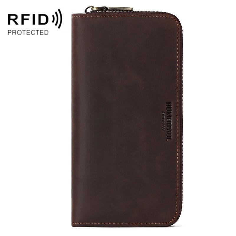 Mens Retro Long Leather Wallet with Rfid Protection