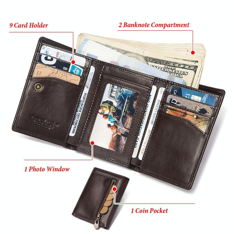 Rfid-blocking Mens Leather Wallet with Multi-card Slots and Zipper Coin Pocket - Dark Brown