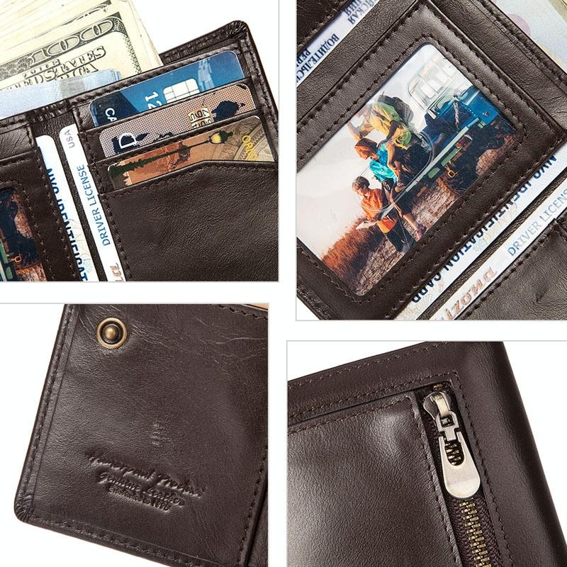 Rfid-blocking Mens Leather Wallet with Multi-card Slots and Zipper Coin Pocket - Brown