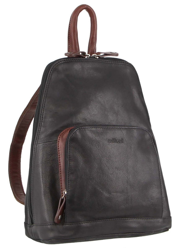 Milleni Womens Soft Nappa Italian Leather Backpack - Black/Chestnut