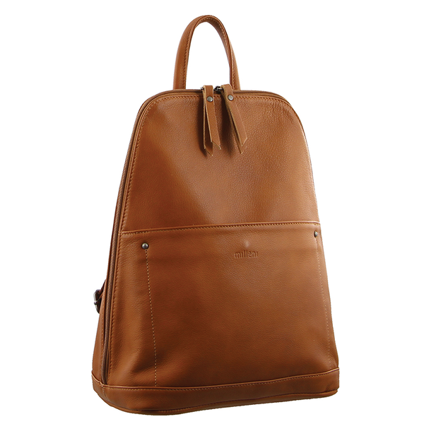 Milleni Ladies Genuine Italian Leather Backpack Twin Zip - Cognac