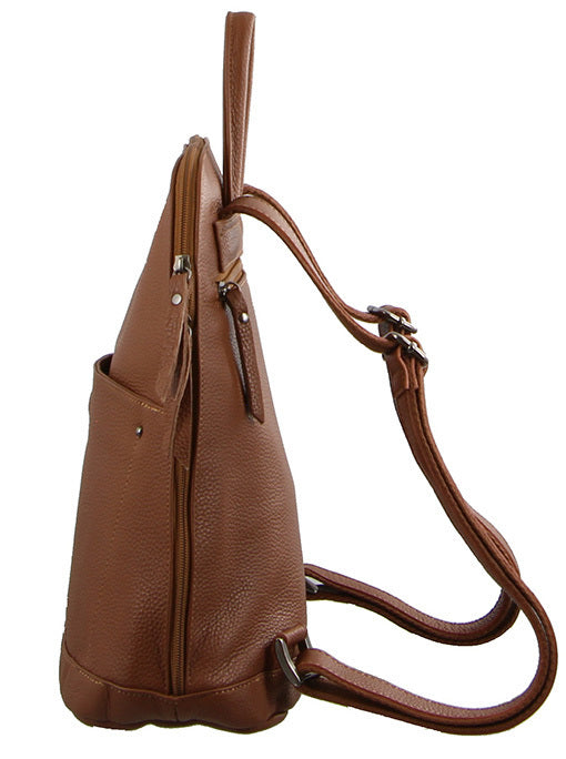 Milleni Ladies Genuine Italian Leather Backpack Twin Zip - Cognac