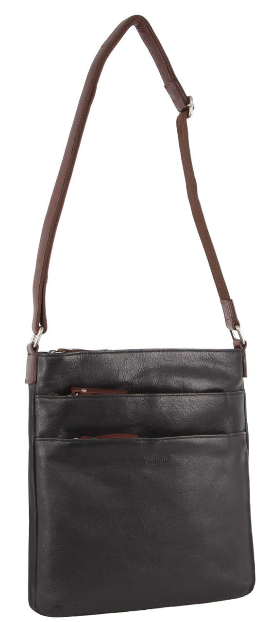 Milleni Womens Italian Soft Nappa Leather Cross-Body Bag - Black/Chestnut