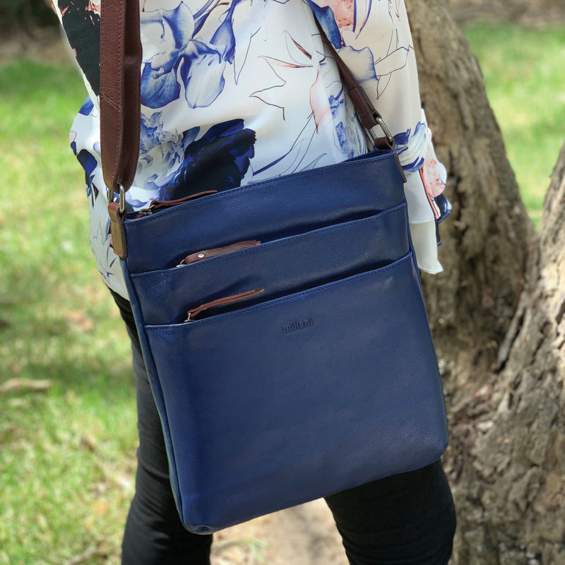 Milleni Womens Italian Soft Nappa Leather Bag - Indigo/Chestnut