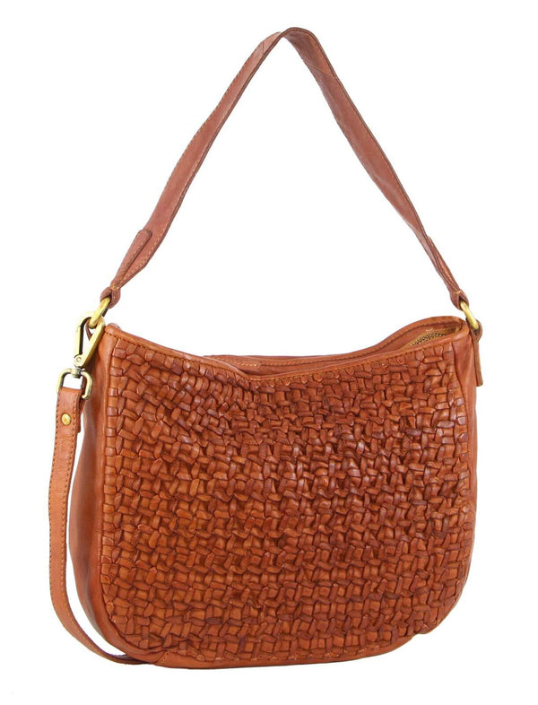 Pierre Cardin Woven Leather Ladies Crossbody Bag - Cognac