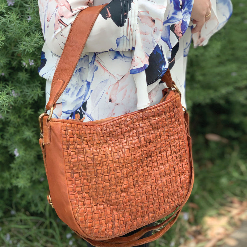 Pierre Cardin Woven Leather Ladies Crossbody Bag - Cognac
