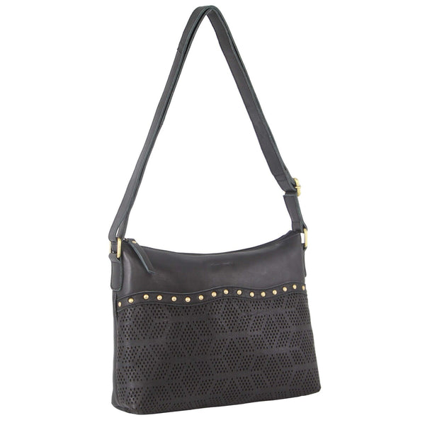 Pierre Cardin Womens Leather Perforated Cross-Body Bag with Stud Detailing - Black