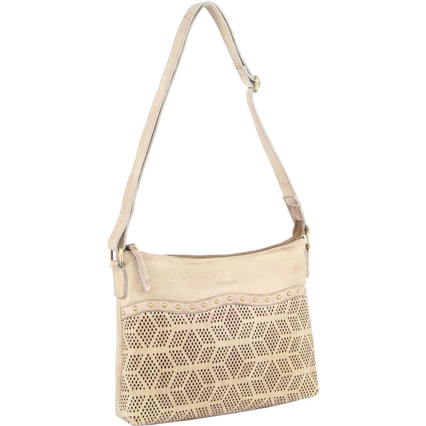 Pierre Cardin Womens Leather Perforated Cross-Body Bag with Stud Detailing - Latte