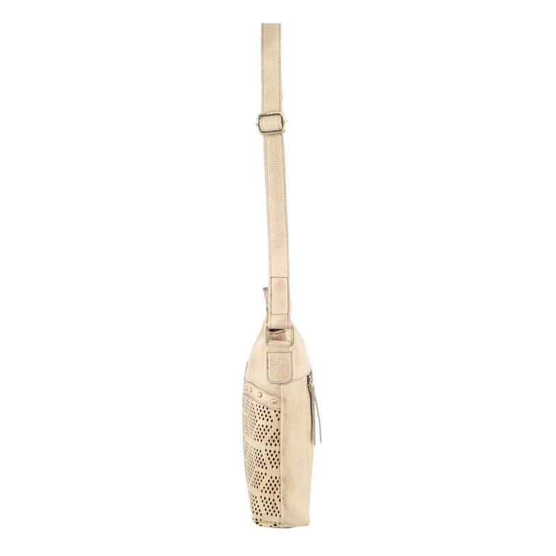 Pierre Cardin Womens Leather Perforated Cross-Body Bag with Stud Detailing - Latte