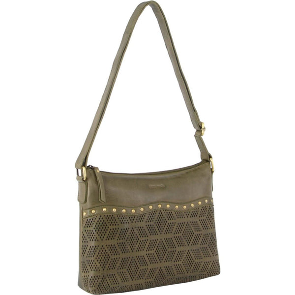 Pierre Cardin Womens Leather Perforated Cross Body Bag with Stud Detailing - Olive