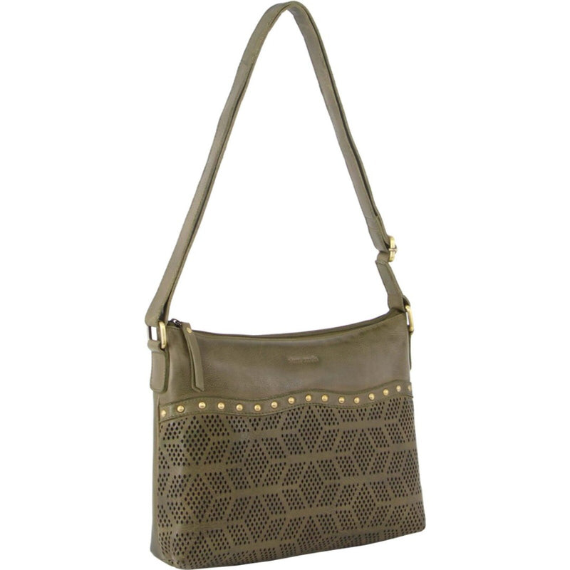 Pierre Cardin Womens Leather Perforated Cross Body Bag with Stud Detailing - Olive