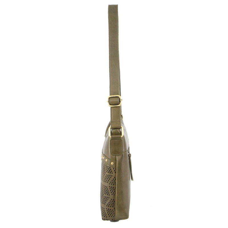 Pierre Cardin Womens Leather Perforated Cross Body Bag with Stud Detailing - Olive