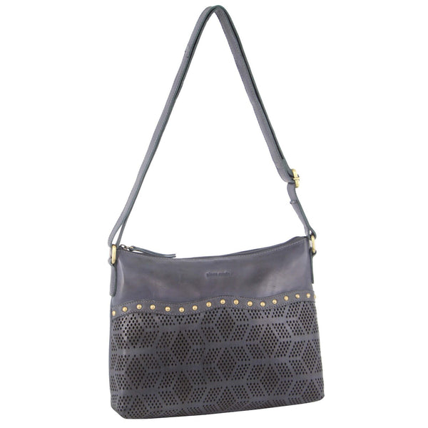 Pierre Cardin Womens Leather Perforated Cross-Body Bag with Stud Detailing - Teal