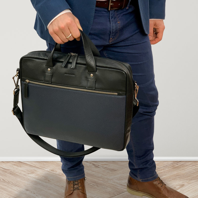 Pierre Cardin Mens Pebbled Leather Computer Laptop - Black