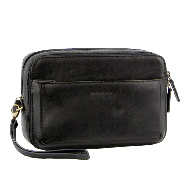 Pierre Cardin Mens Italian Leather Toiletry Bag Wash Case - Black