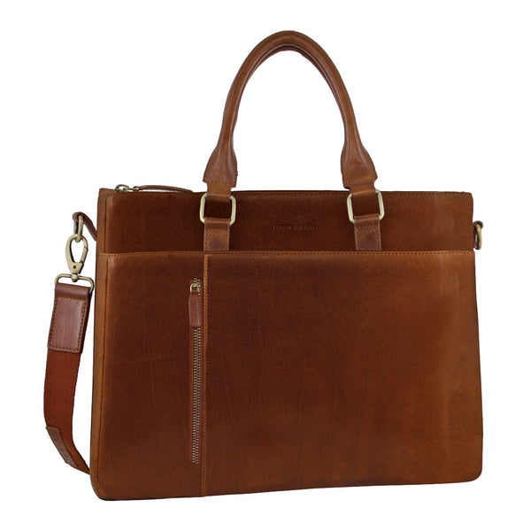 Pierre Cardin Mens Leather Briefcase Laptop Shoulder Tote  - Tan