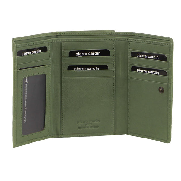 Pierre Cardin Leather Ladies Woven Design Tri-fold Wallet - Leaf Green