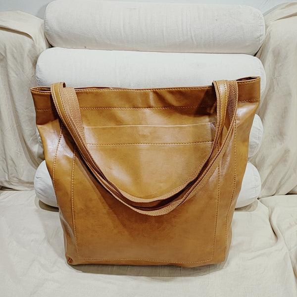 Vintage PU Leather Tote Bag - Stylish and Spacious Everyday Shoulder Bag - Yellow Brown