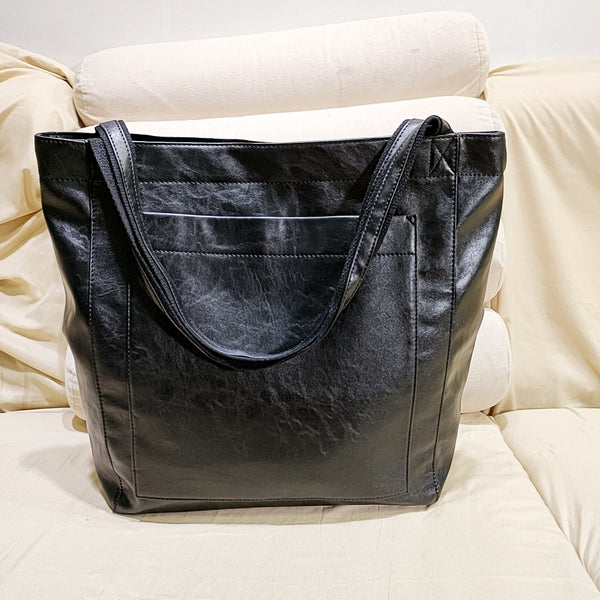 Vintage PU Leather Tote Bag - Stylish and Spacious Everyday Shoulder Bag - Black