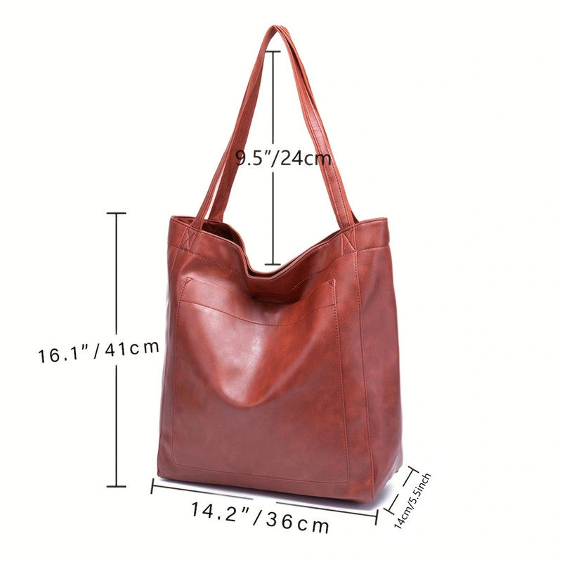 Vintage PU Leather Tote Bag - Stylish and Spacious Everyday Shoulder Bag - Brown