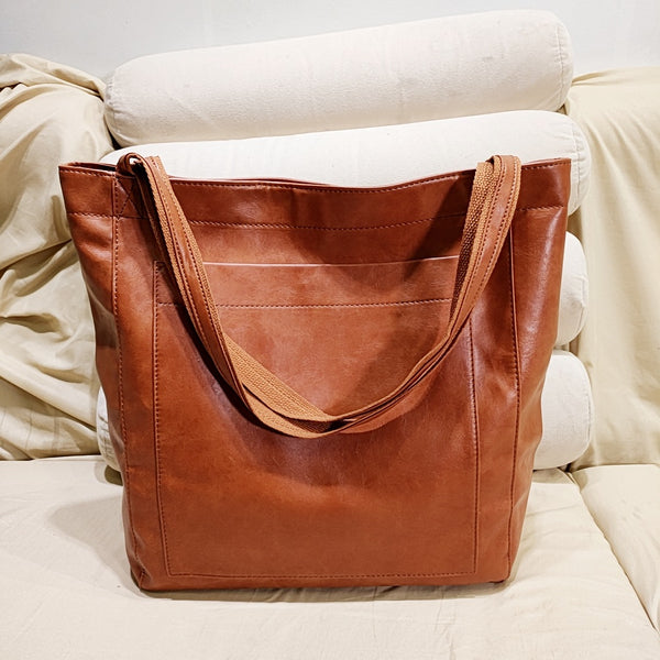 Vintage PU Leather Tote Bag - Stylish and Spacious Everyday Shoulder Bag - Dark Brown