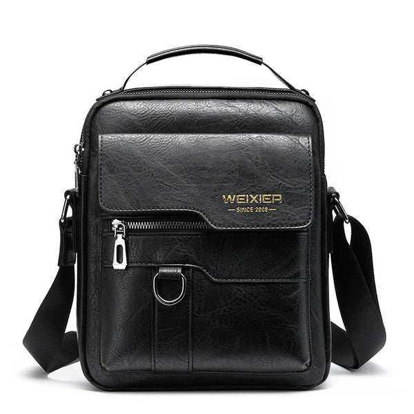Mens Vintage Leather Shoulder Bag - Multi-Compartment Crossbody - Black