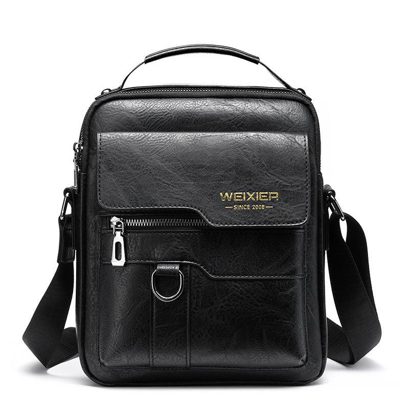 Mens Vintage Leather Shoulder Bag - Multi-Compartment Crossbody - Black