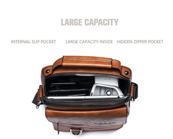 Mens Vintage Leather Shoulder Bag - Multi-Compartment Crossbody - Black