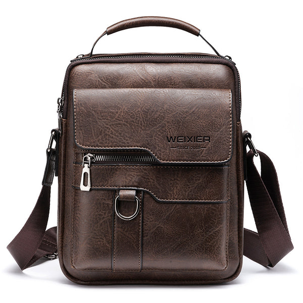 Mens Vintage Leather Shoulder Bag - Multi-Compartment Crossbody - Dark Brown