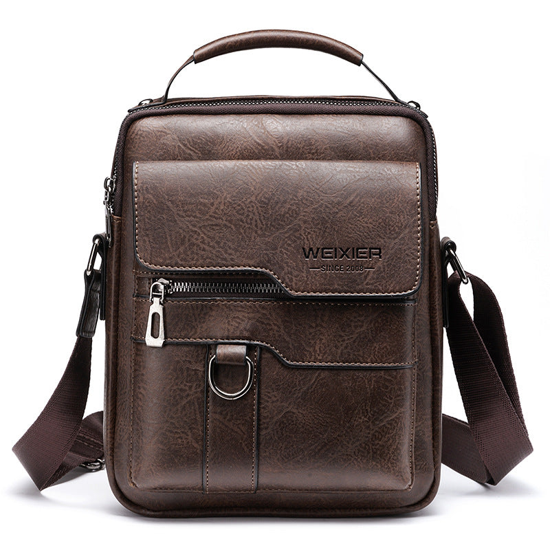 Mens Vintage Leather Shoulder Bag - Multi-Compartment Crossbody - Dark Brown
