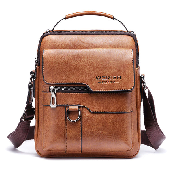 Mens Vintage Leather Shoulder Bag - Multi-Compartment Crossbody - Light Brown