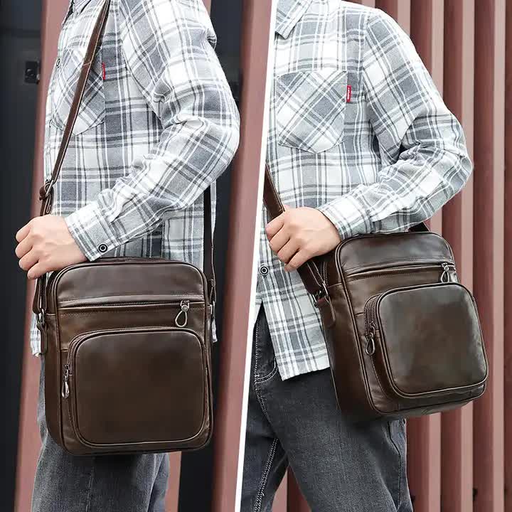 Mens Genuine Leather Casual Shoulder Bag - Brown