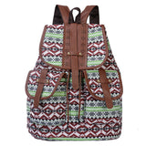 Green Bohemian Style Canvas Backpack - Leather Straps