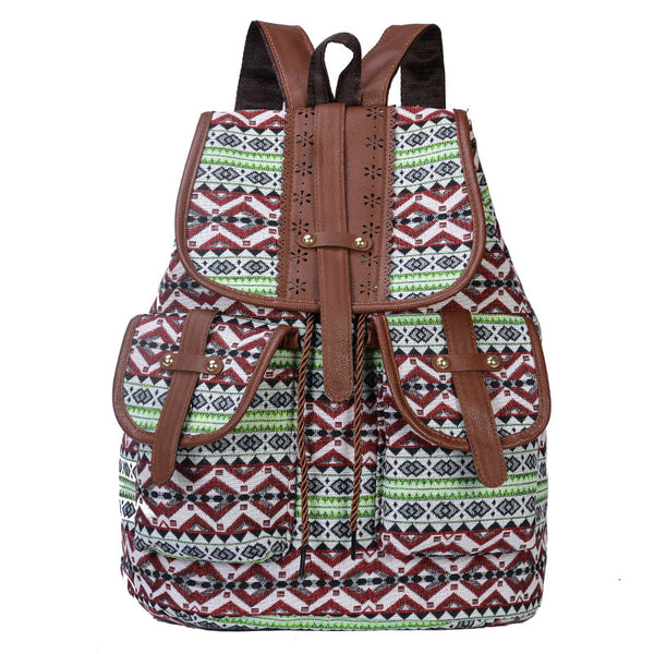 Green Bohemian Style Canvas Backpack - Leather Straps