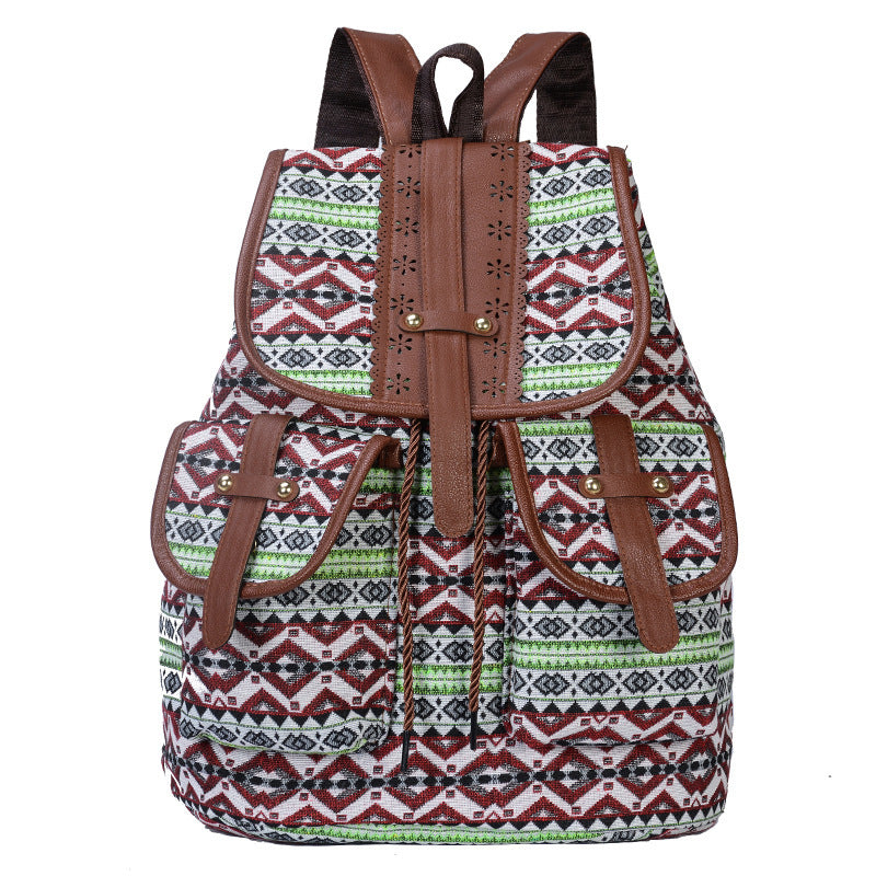 Green Bohemian Style Canvas Backpack - Leather Straps