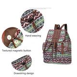 Green Bohemian Style Canvas Backpack - Leather Straps
