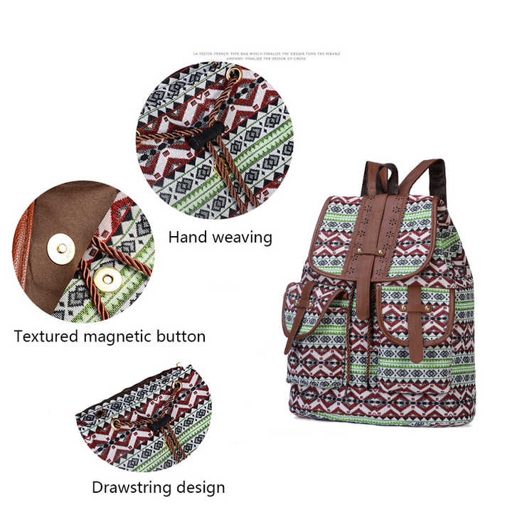 Green Bohemian Style Canvas Backpack - Leather Straps